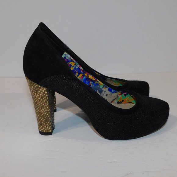 Hush Puppies Black sparkle Block platform Gold Scale Heels Shoe Womens 6.5 - Picture 1 of 10